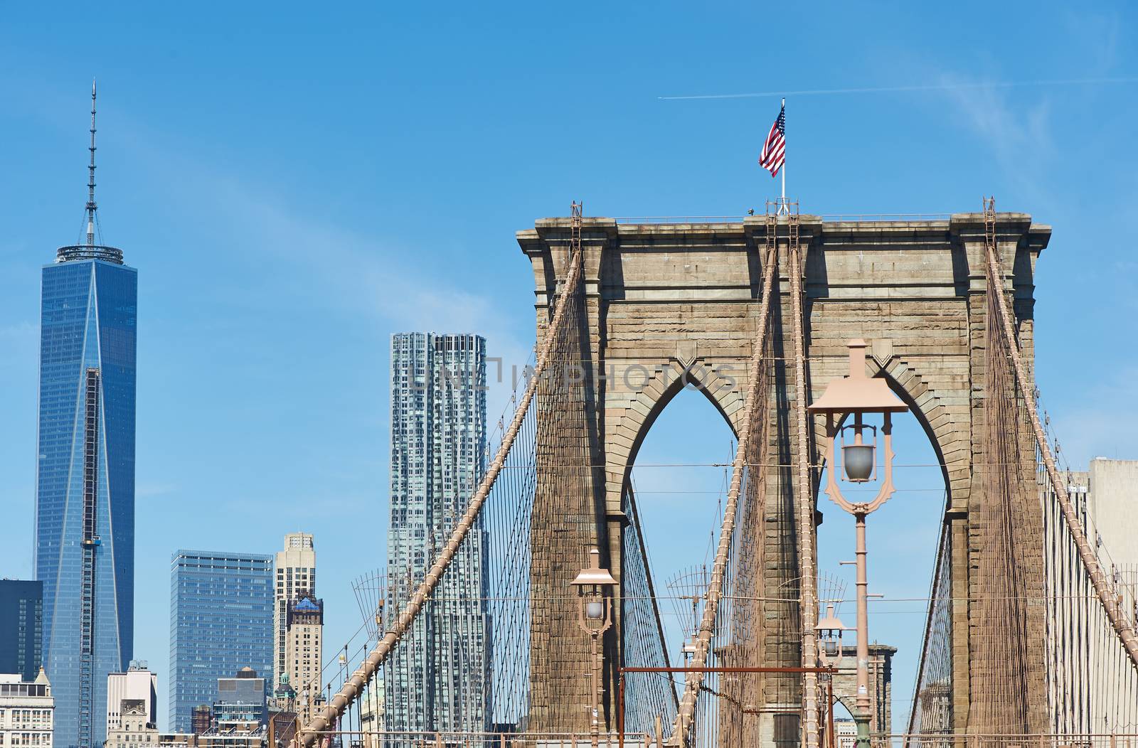 Brooklyn Bridge with lower Manhattan skyline in New York City