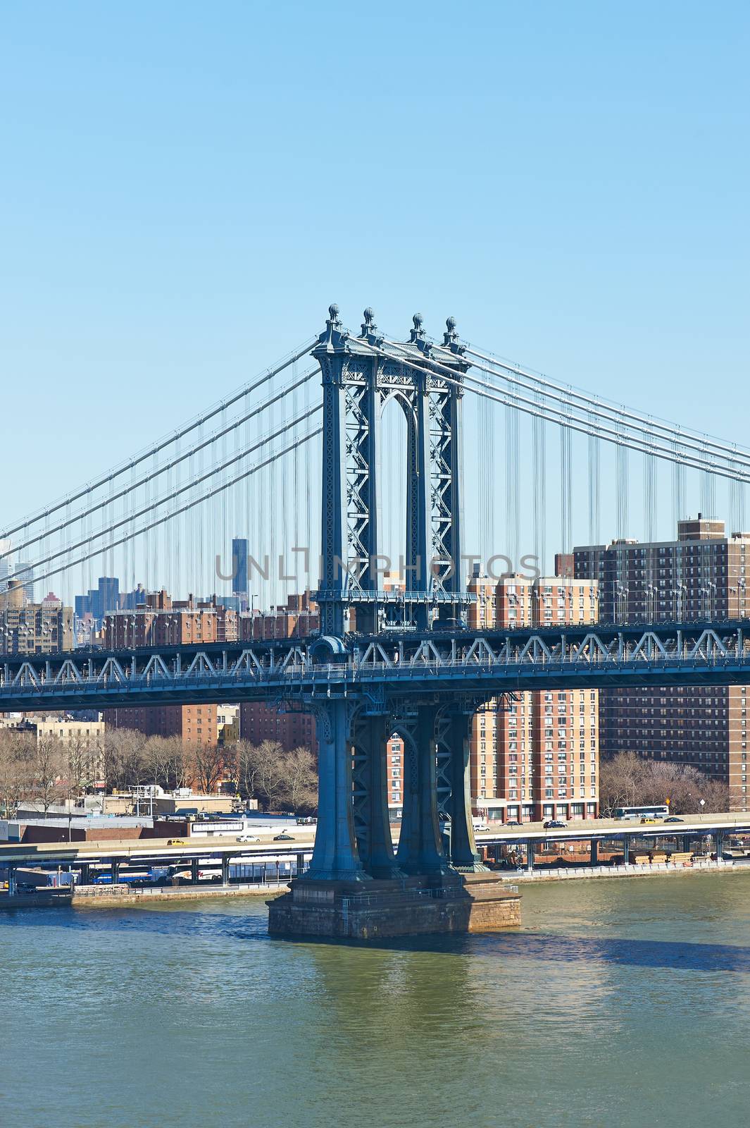 Manhattan Bridge and skyline view from Brooklyn Bridge in New York City