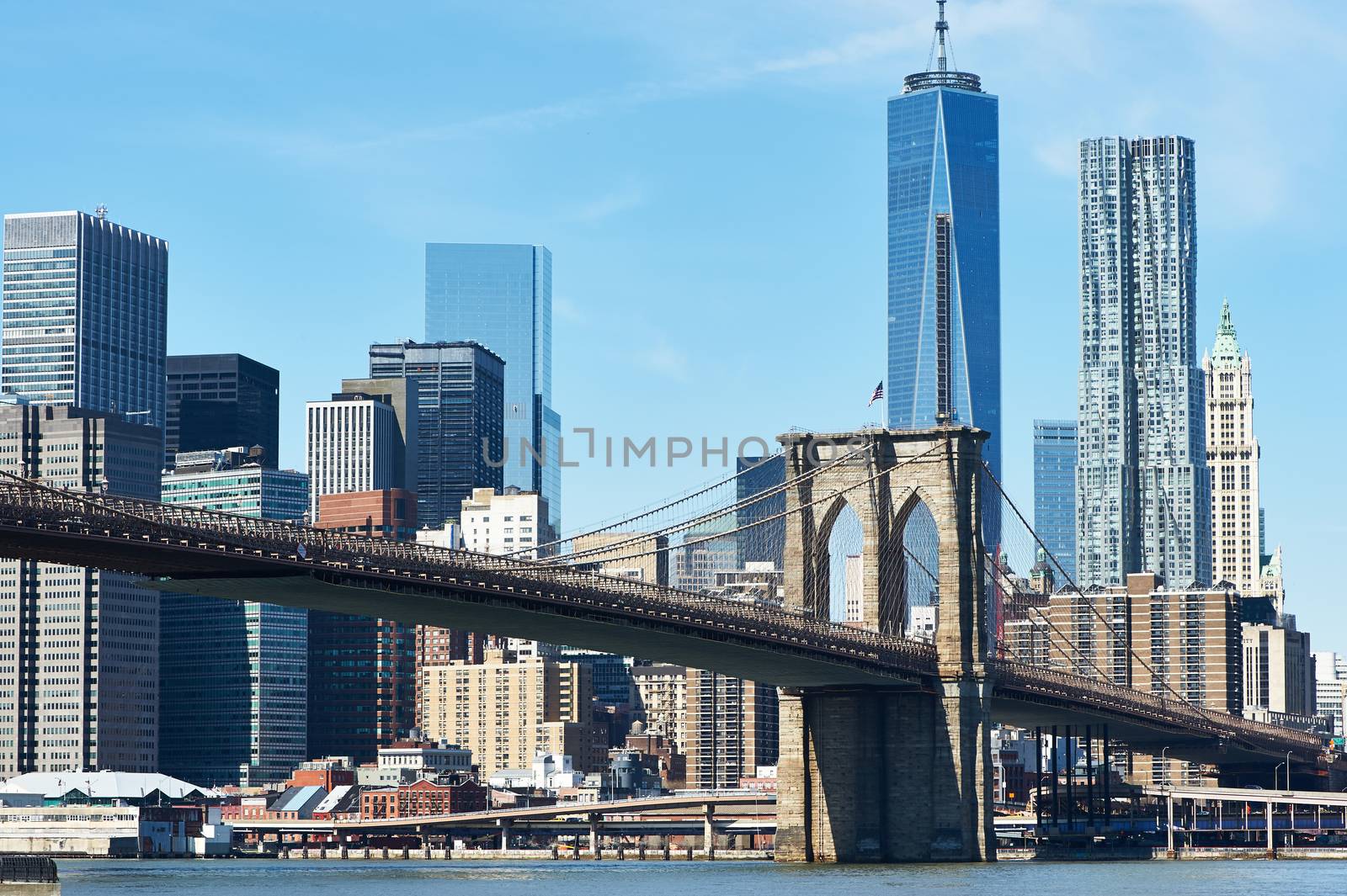 Brooklyn Bridge with lower Manhattan skyline in New York City