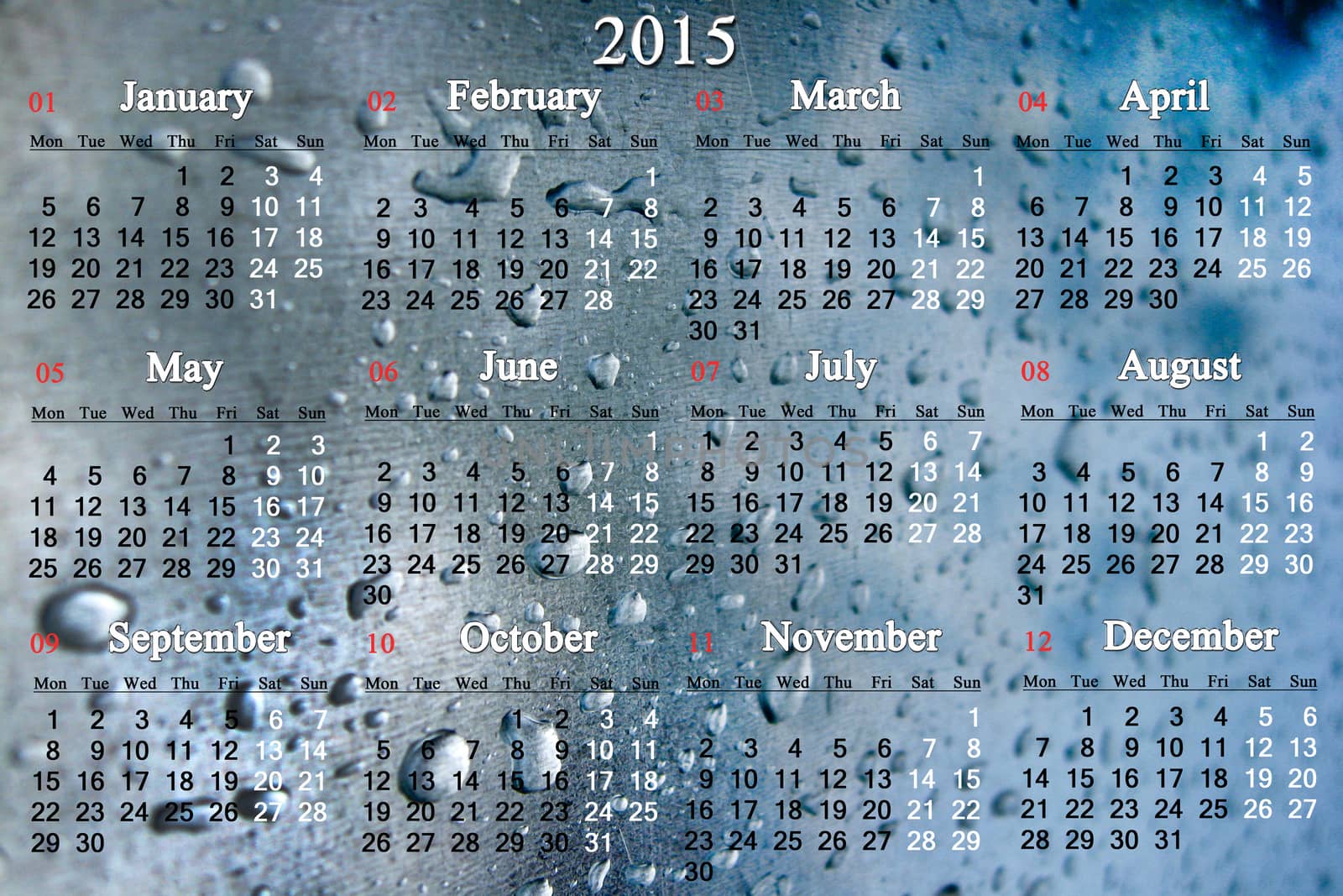 calendar for 2015 year on the glass surface with drops