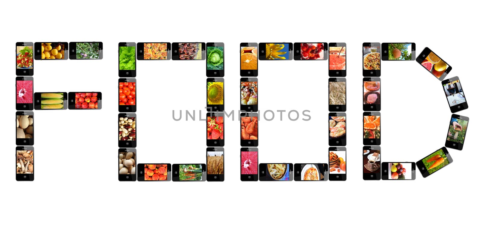 the word Food made from modern mobile phones with different images