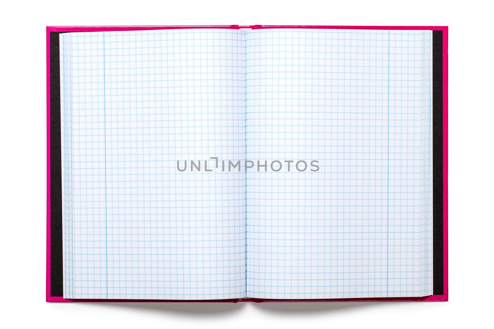 Exercise book on white background. Top view