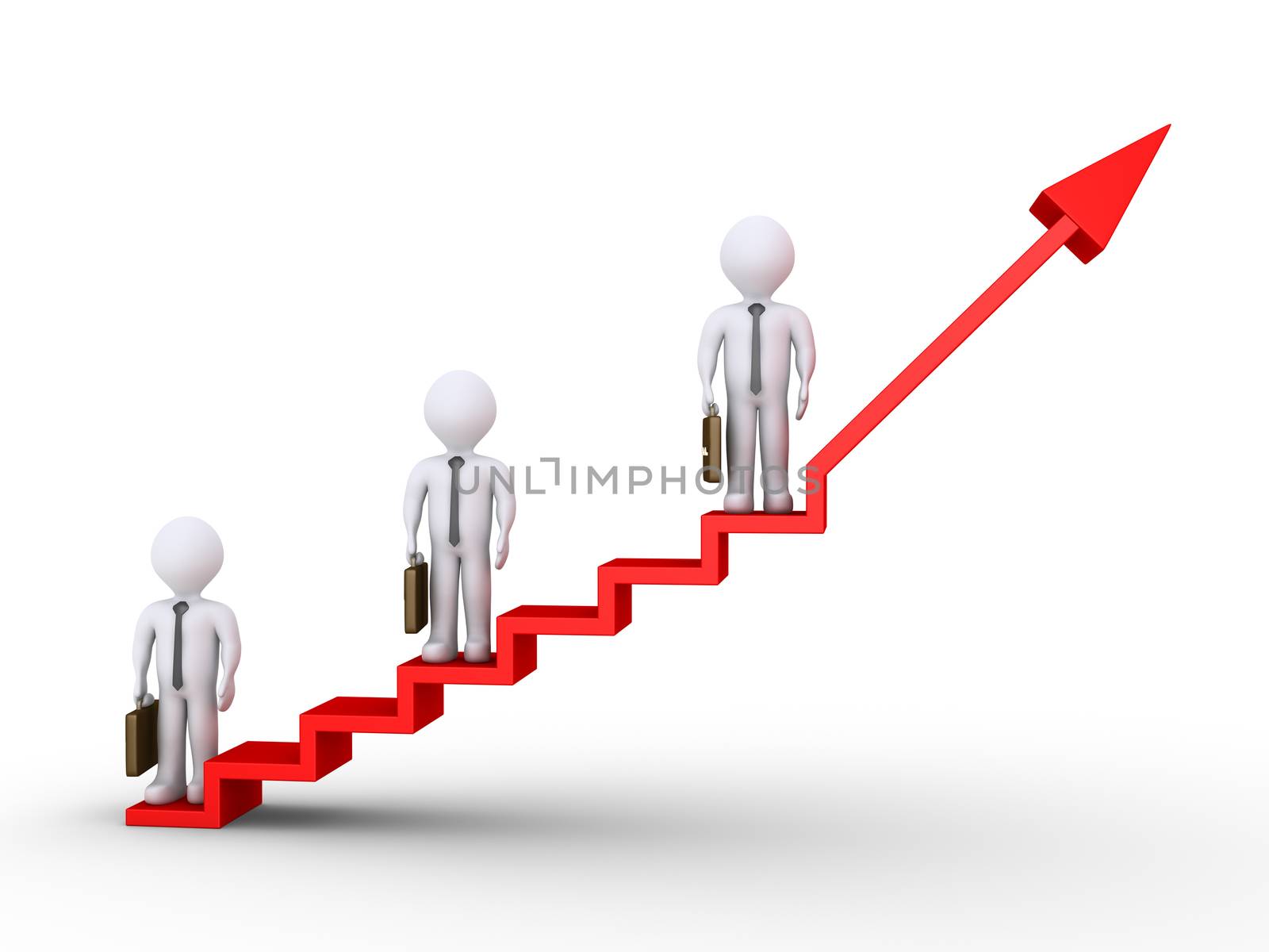 3d businessmen standing on different heights of graphic chart with stairs