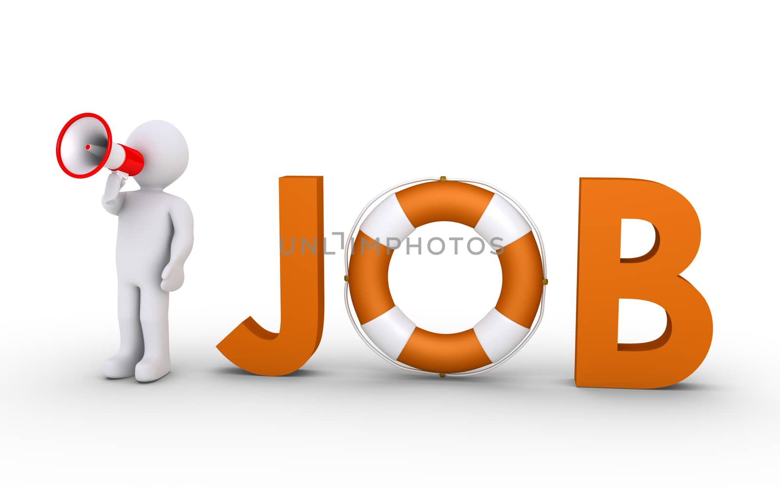 3d JOB word with a lifebelt included and a person with megaphone