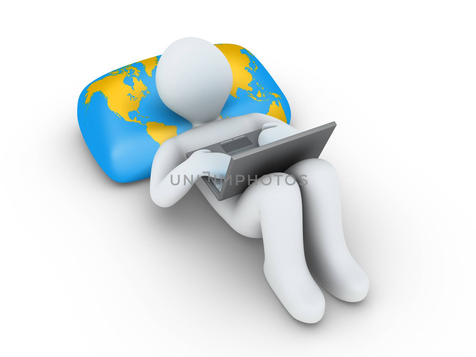 3d person using a laptop is lying on a pillow with the world map