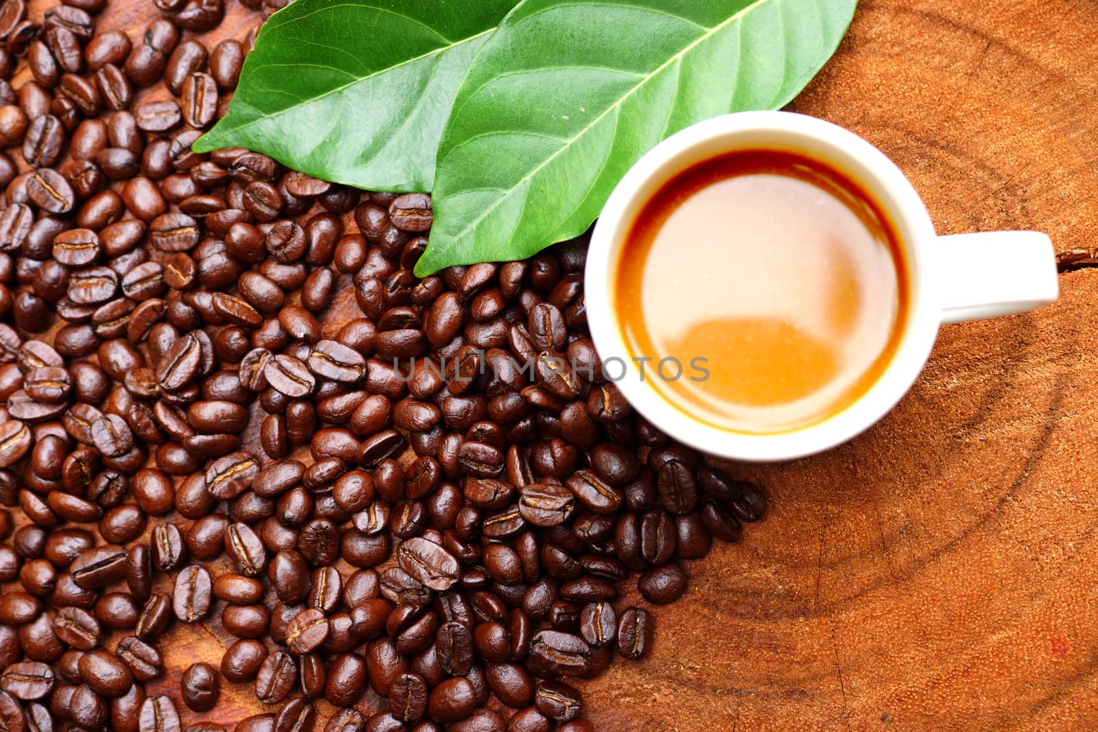 Coffee beans on the wooden background.