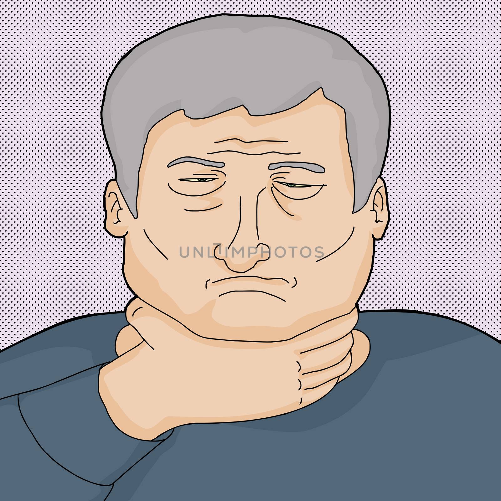 Sad Caucasian senior man holding his neck