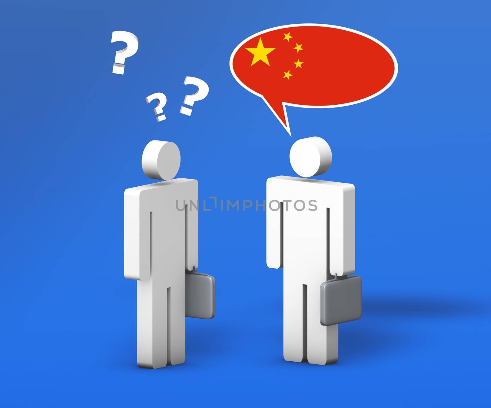 Business Chinese mandarin concept with a funny conversation between two 3d people on blue background. The man with the flag of China on the speech cloud speaks a correct language, the other one no.