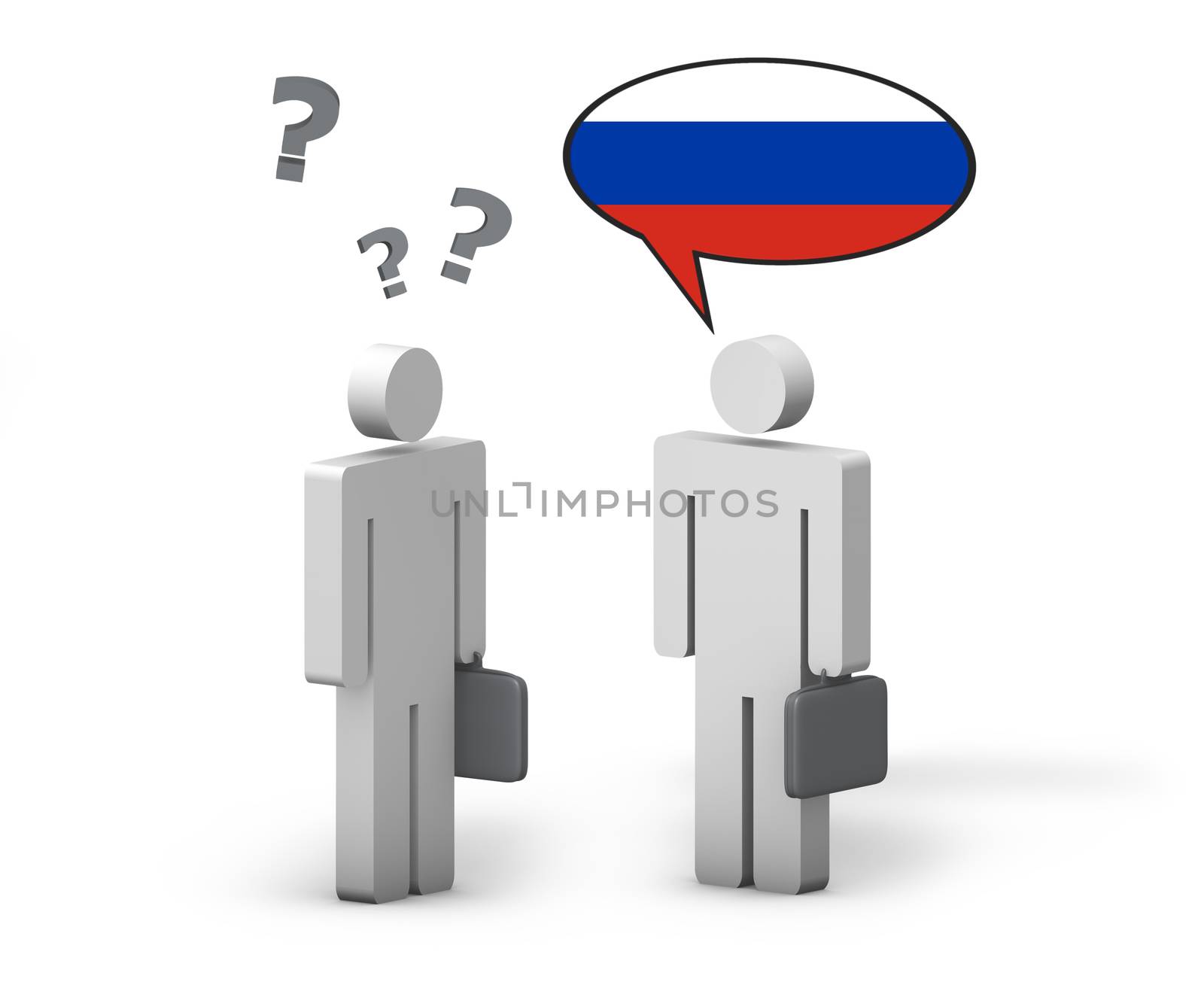 Business Russian concept with a funny conversation between two 3d people on white background. The man with the flag of Russia speaks a correct language, the other one no.