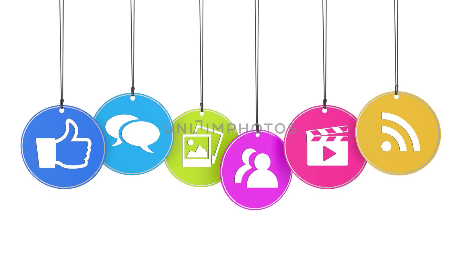 Website and Internet concept with social media icons on colorful hanged tags isolated on white background.