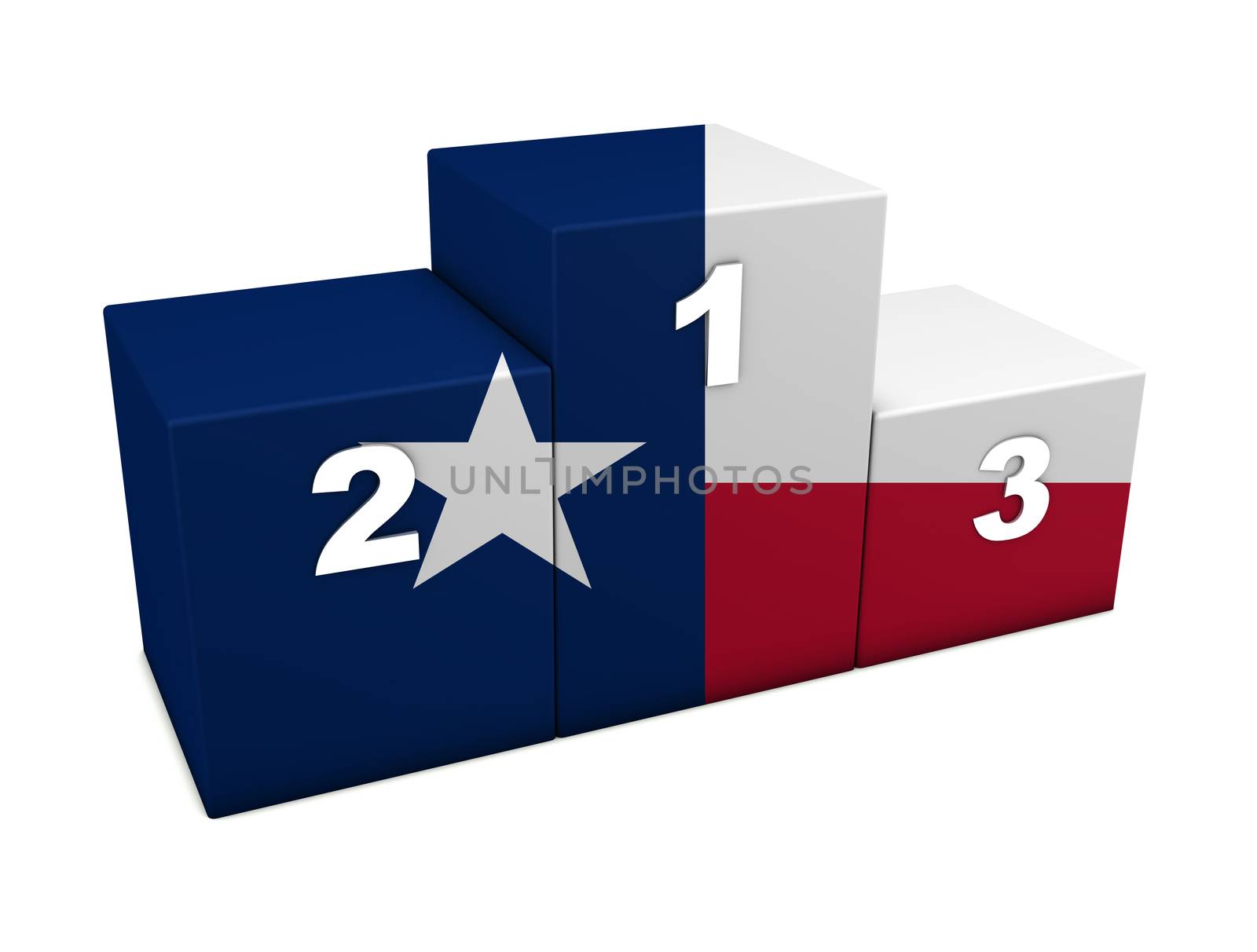 Texan top positions flag podium. 3d rendering for concept " the best of Texas". Isolated on white background.