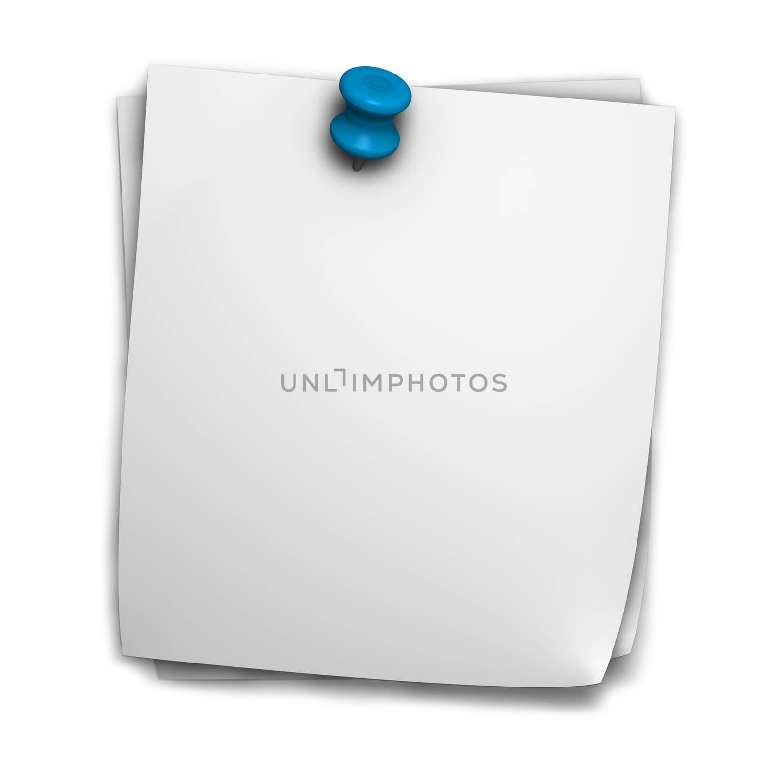 Blank note paper post it for office and business notes with blue push pin and shadow isolated on white background.