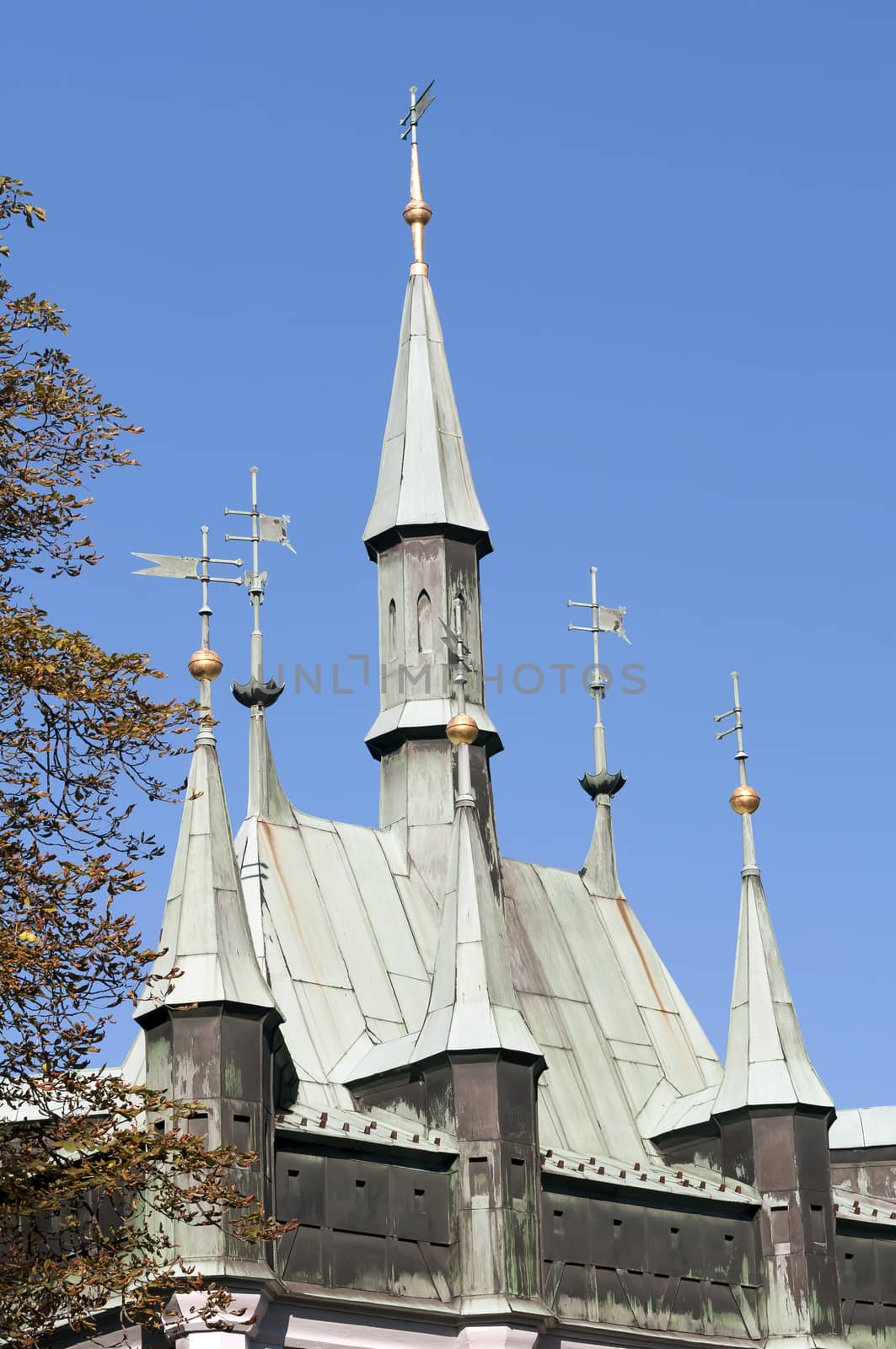 Detail of medieval castle tower and spires.