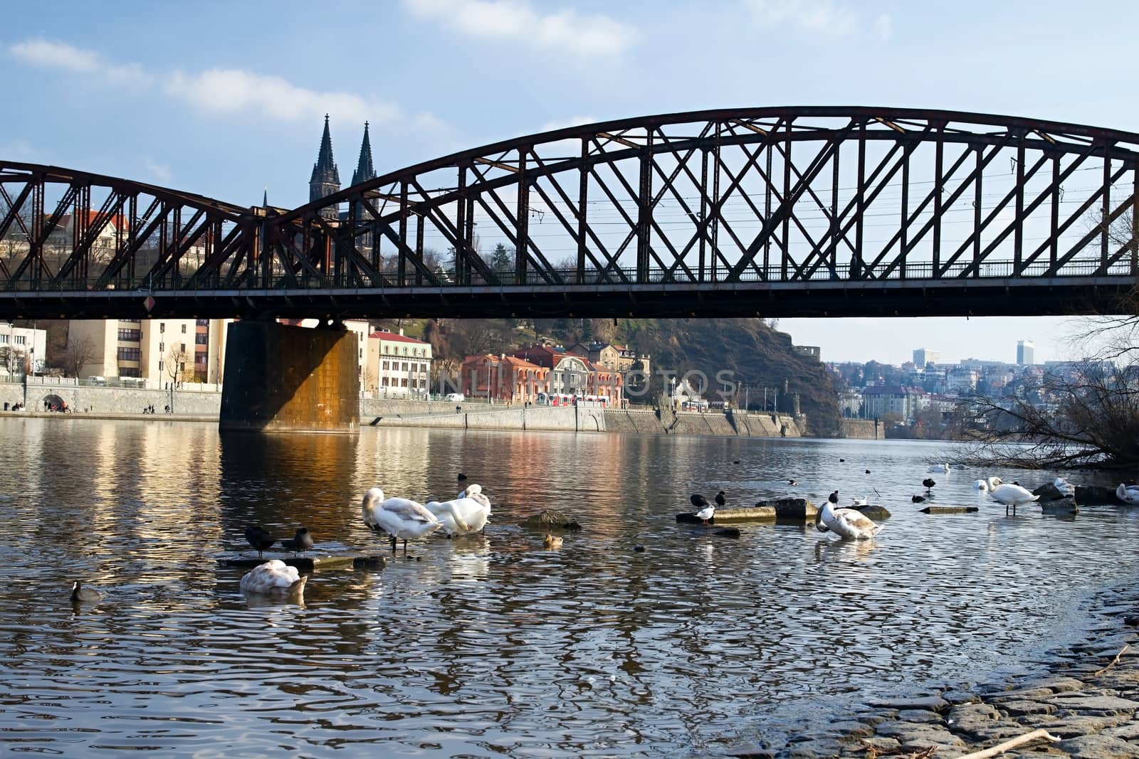 Photo shows various historical houses, Vltava river, bridges and other architectural details.