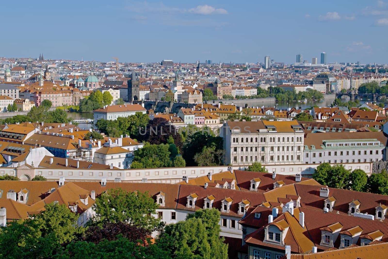 Photo shows general view onto city red roof houses.