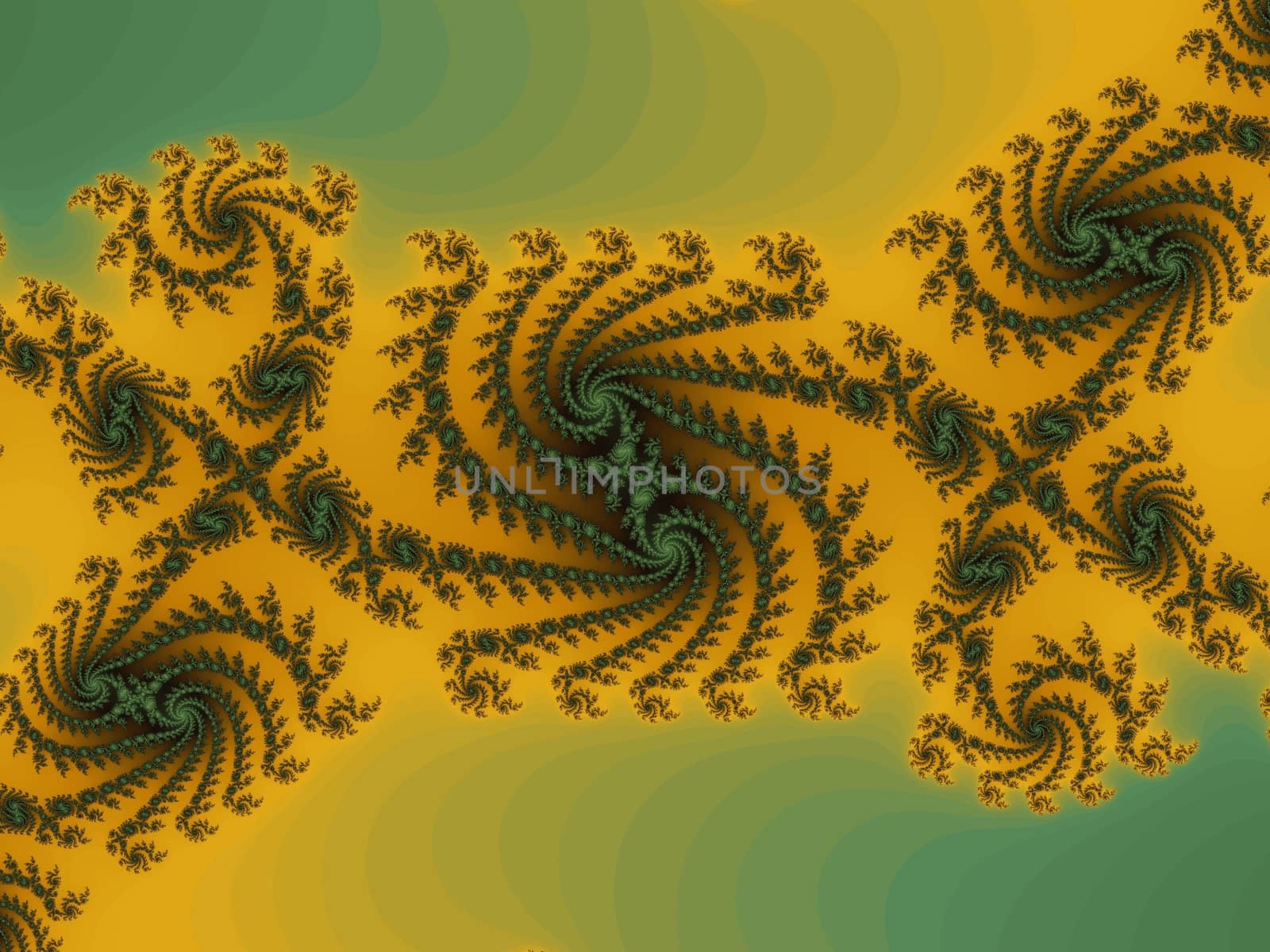 Digital computer graphic - rendering. Decorative fractal spiral in a yellow - green  colors for design.