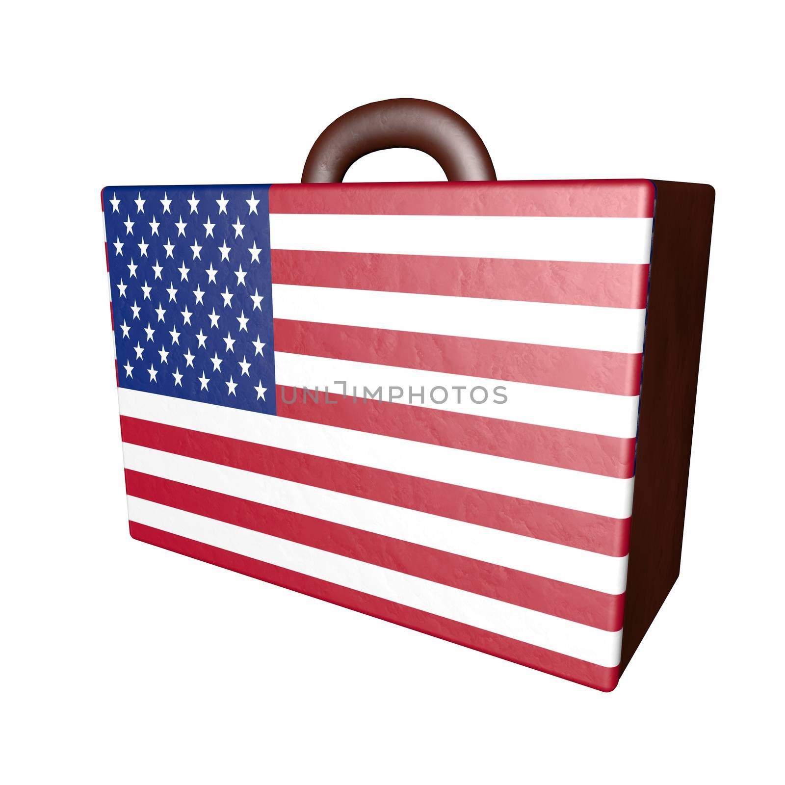 Leather suitcase with US flag, isolated over white, 3d render