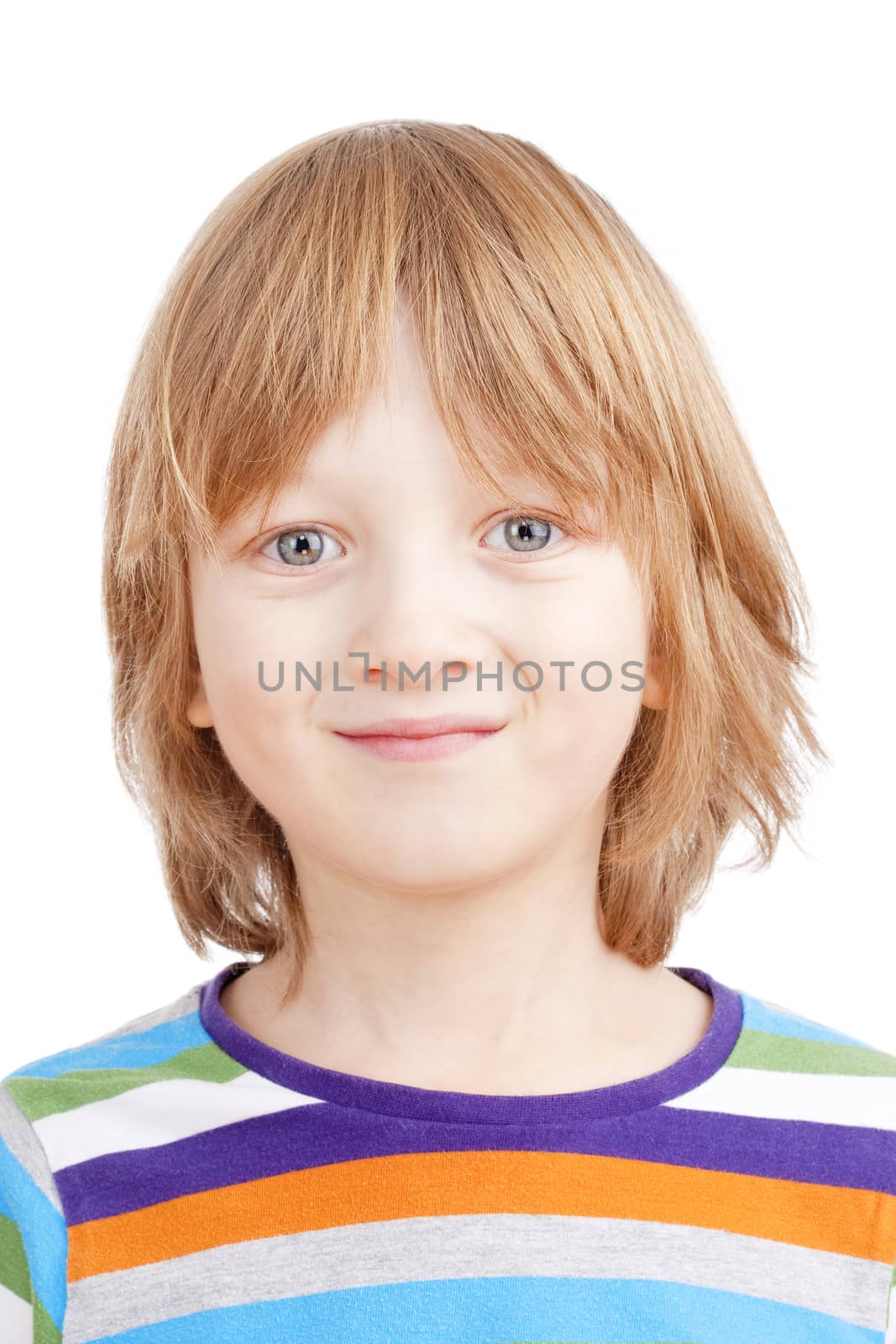 Portrait of a Boy with Blond Hair in Colorful Shirt - Isolated on White