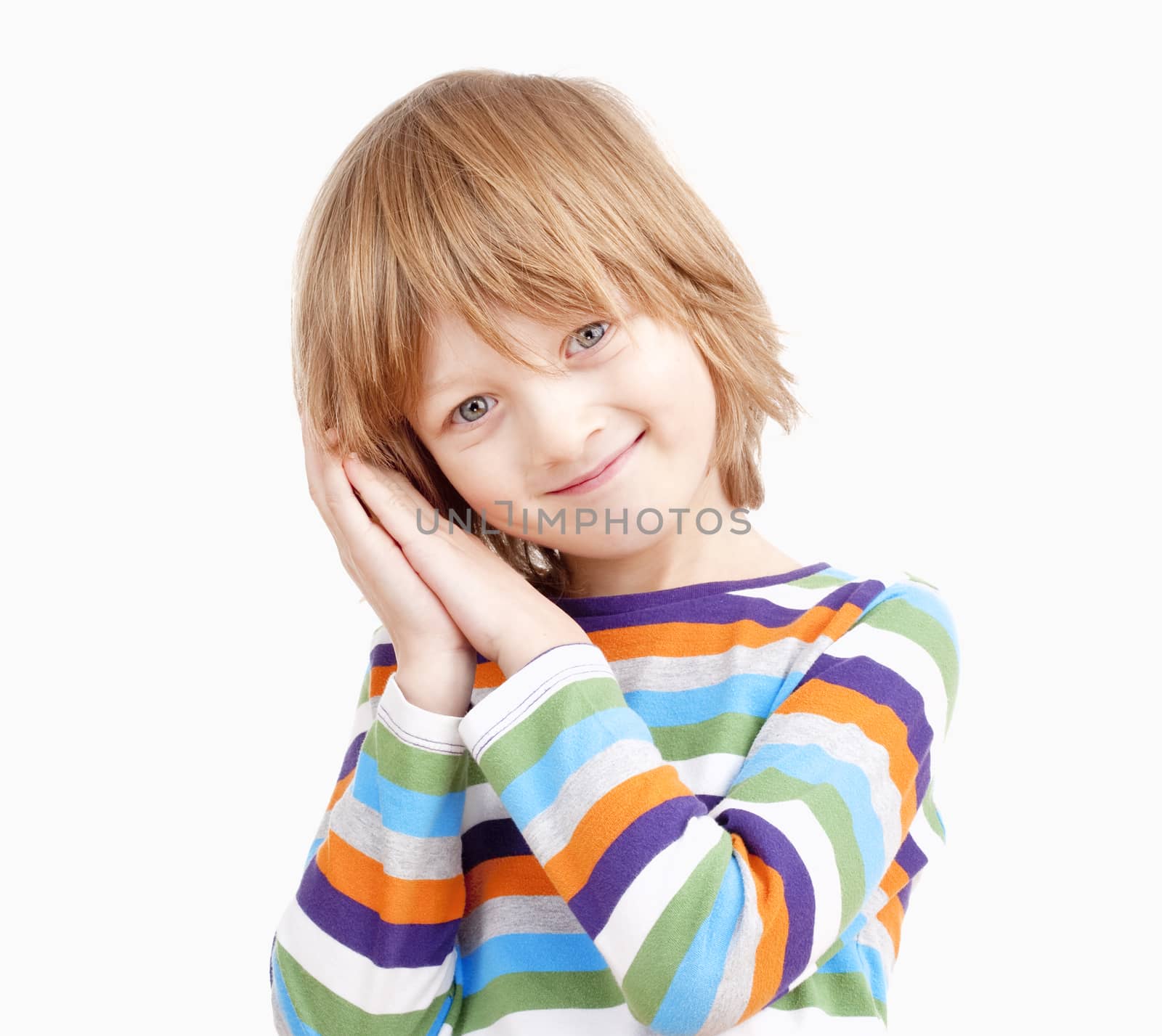 Portrait of a Boy in Colorful Shirt with Head on his Hands by courtyardpix