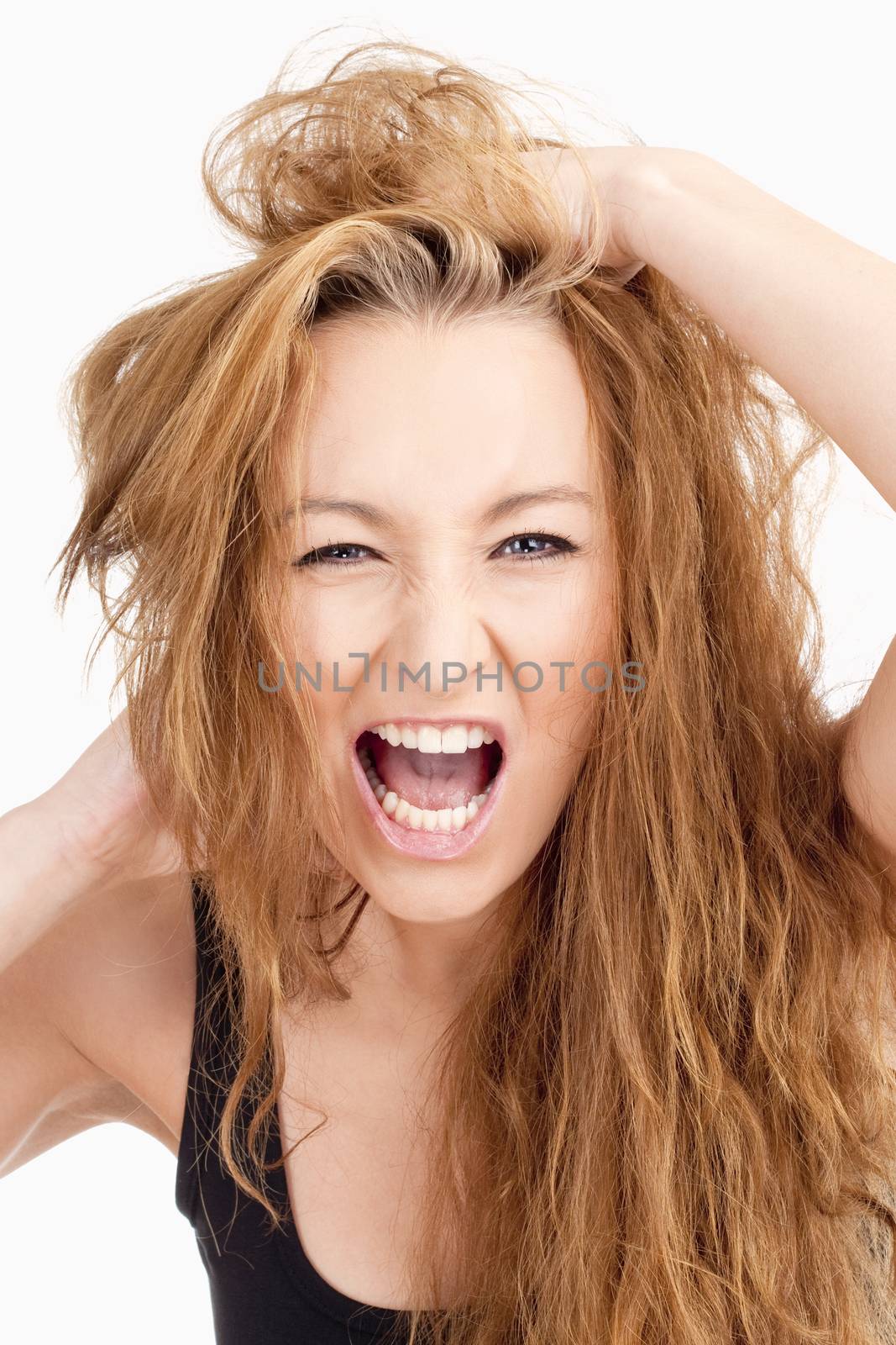 Frustrated Girl with Long Brown Hair Screaming by courtyardpix