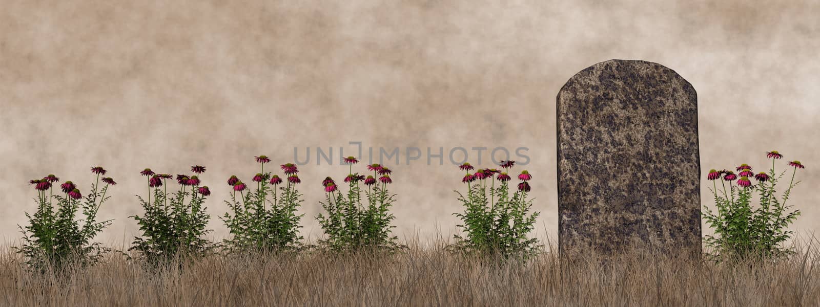 Tombstone surrounded with flowers in vintage style - 3D render