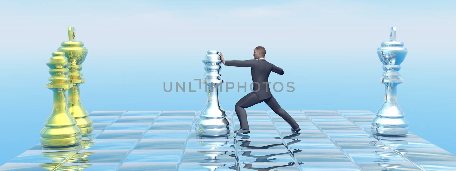 Businessman strategy on chessboard pushing the queen - 3D render