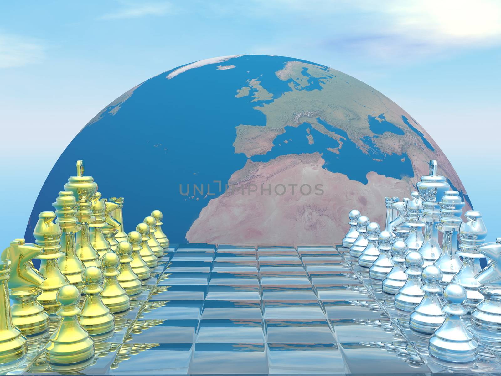 Chessboard with earth planet and blue sky - 3D render