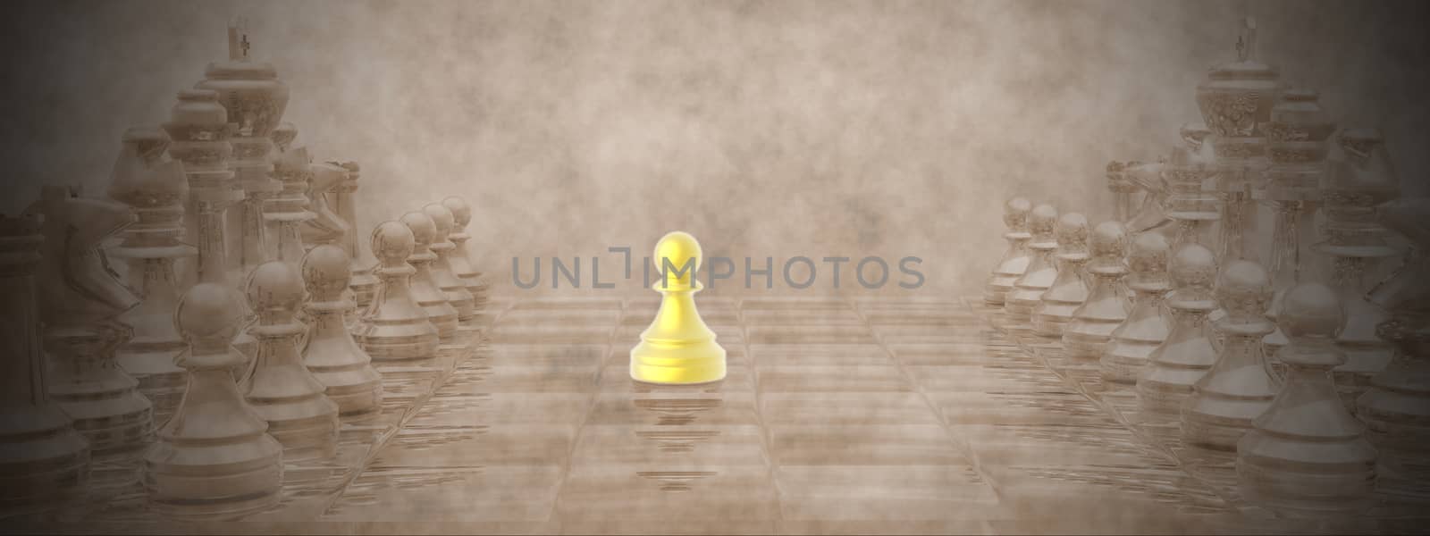 Chessboard with golden pion ahaead and vintage background - 3D render