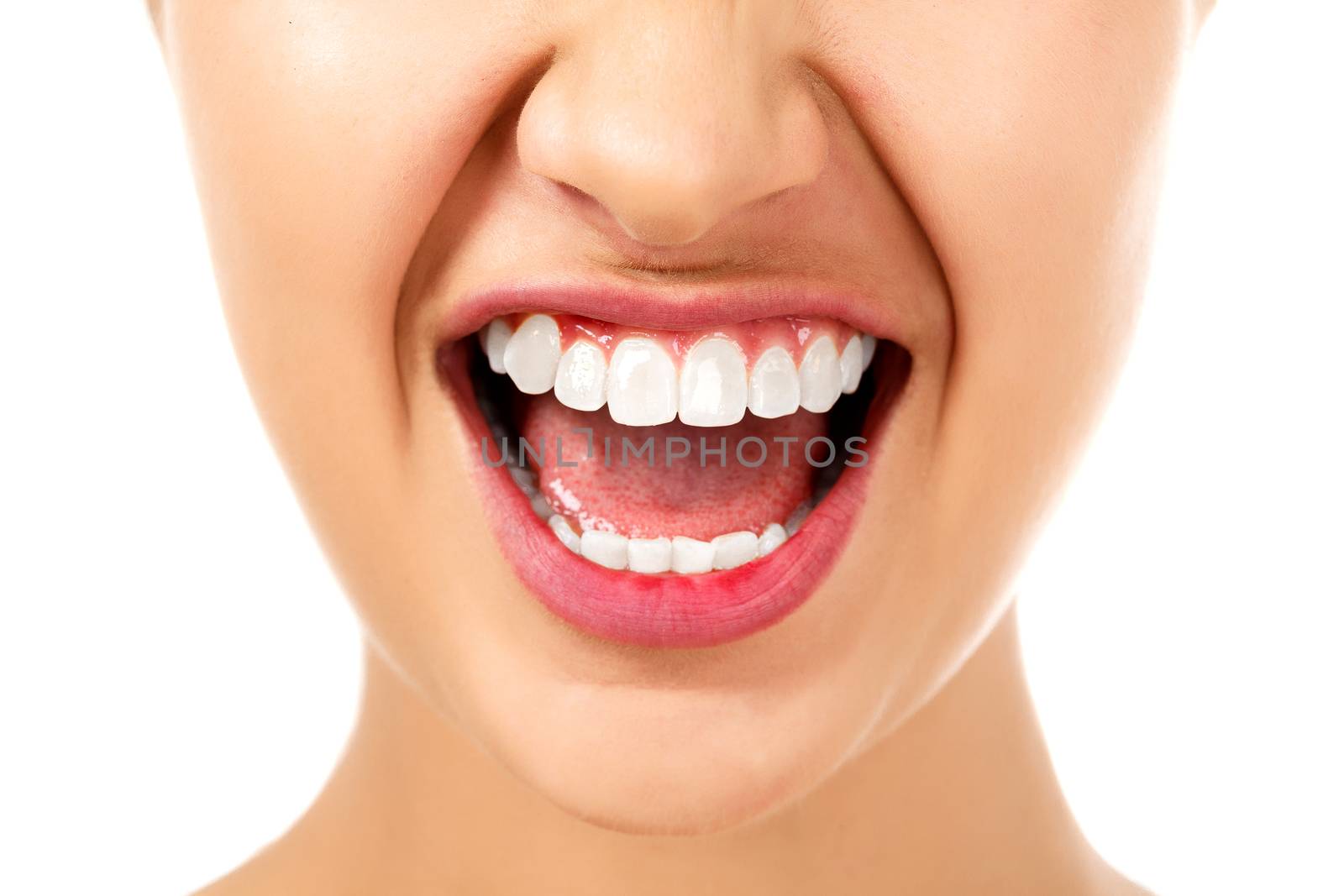 Angry woman, white background, isolated.