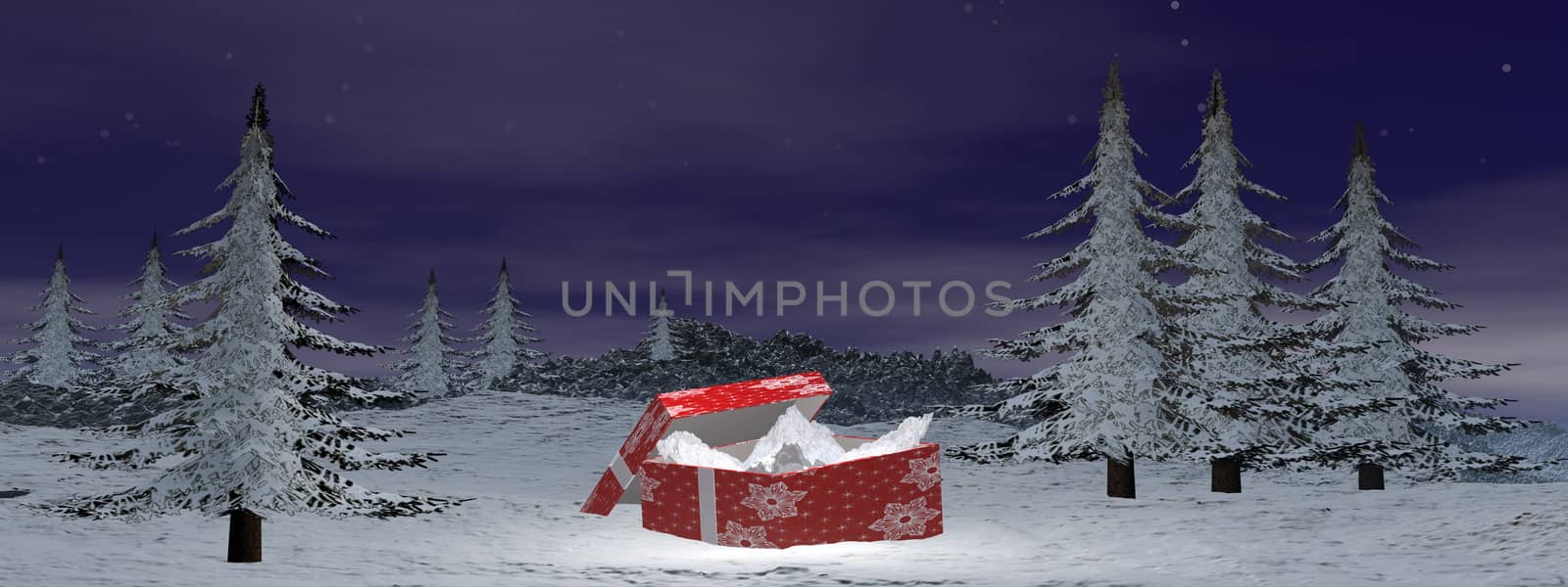 Two christmas gift on the snow at the mountain - 3D render