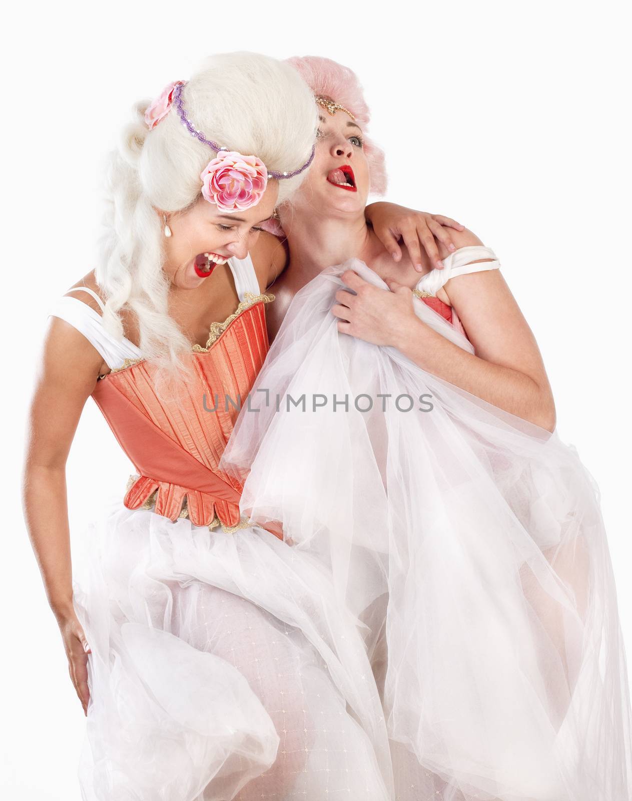 Two Female Friends in Historical Costumes Laughing by courtyardpix