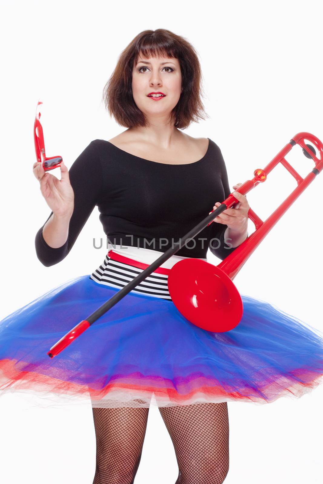 Young Female Musician with Red Trombone Dancing - Isolated on White