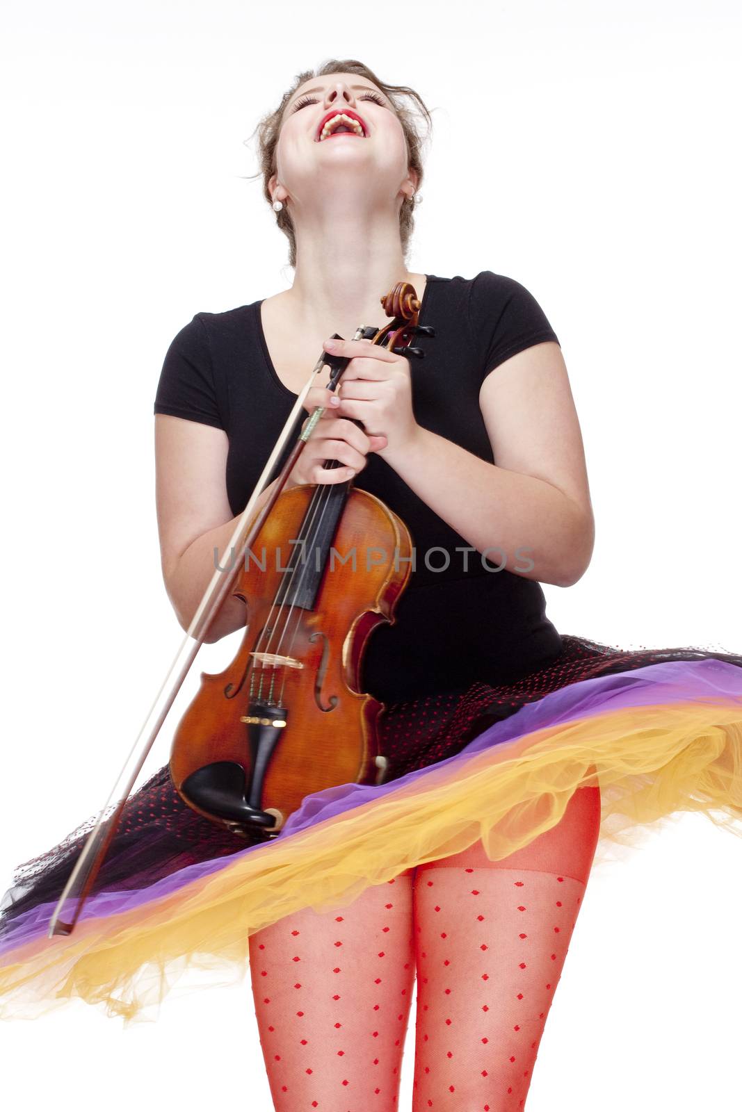 Young Female Violin Player in Colorful Skirt Dancing - Isolated on White