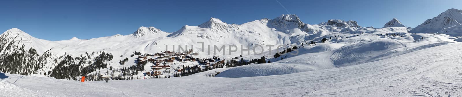 panorama of the ski resort village of la plagne by chrisga