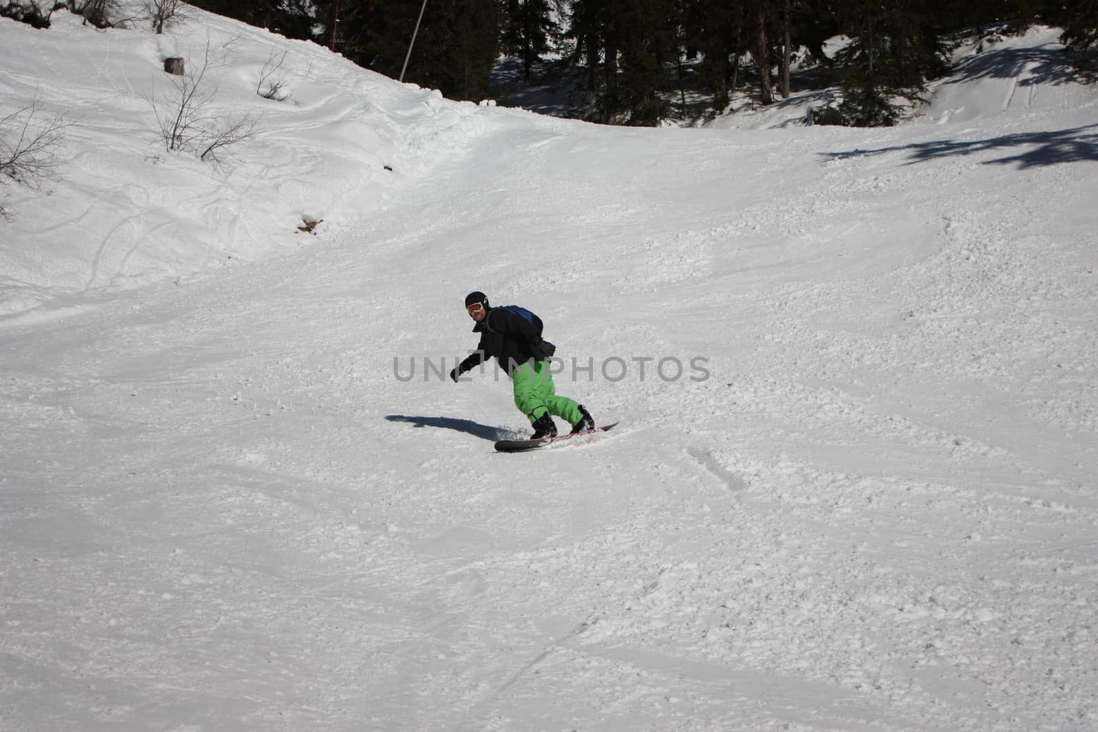 snowboarder carving a turn on an alpine piste by chrisga