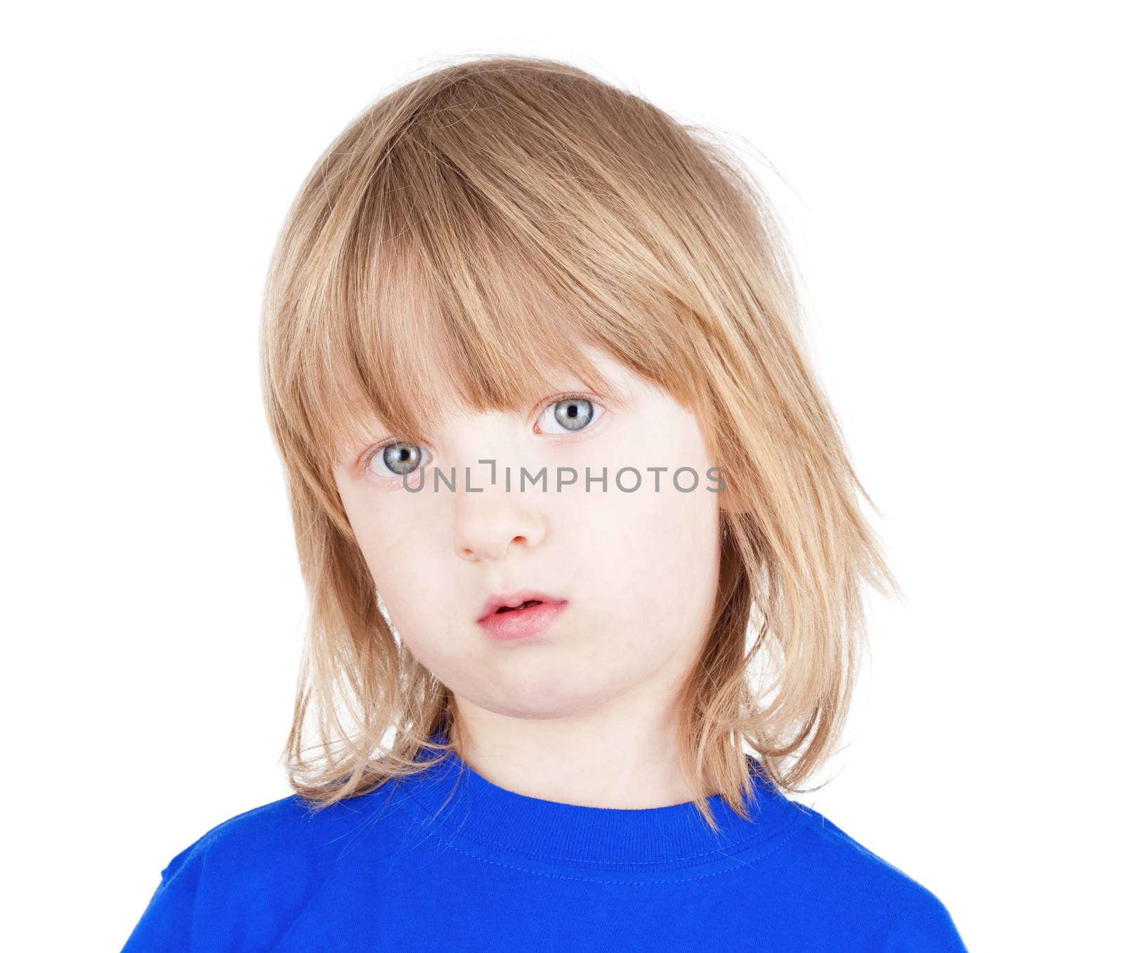 portrait of a boy with long blond hair in blue top - isolated on white