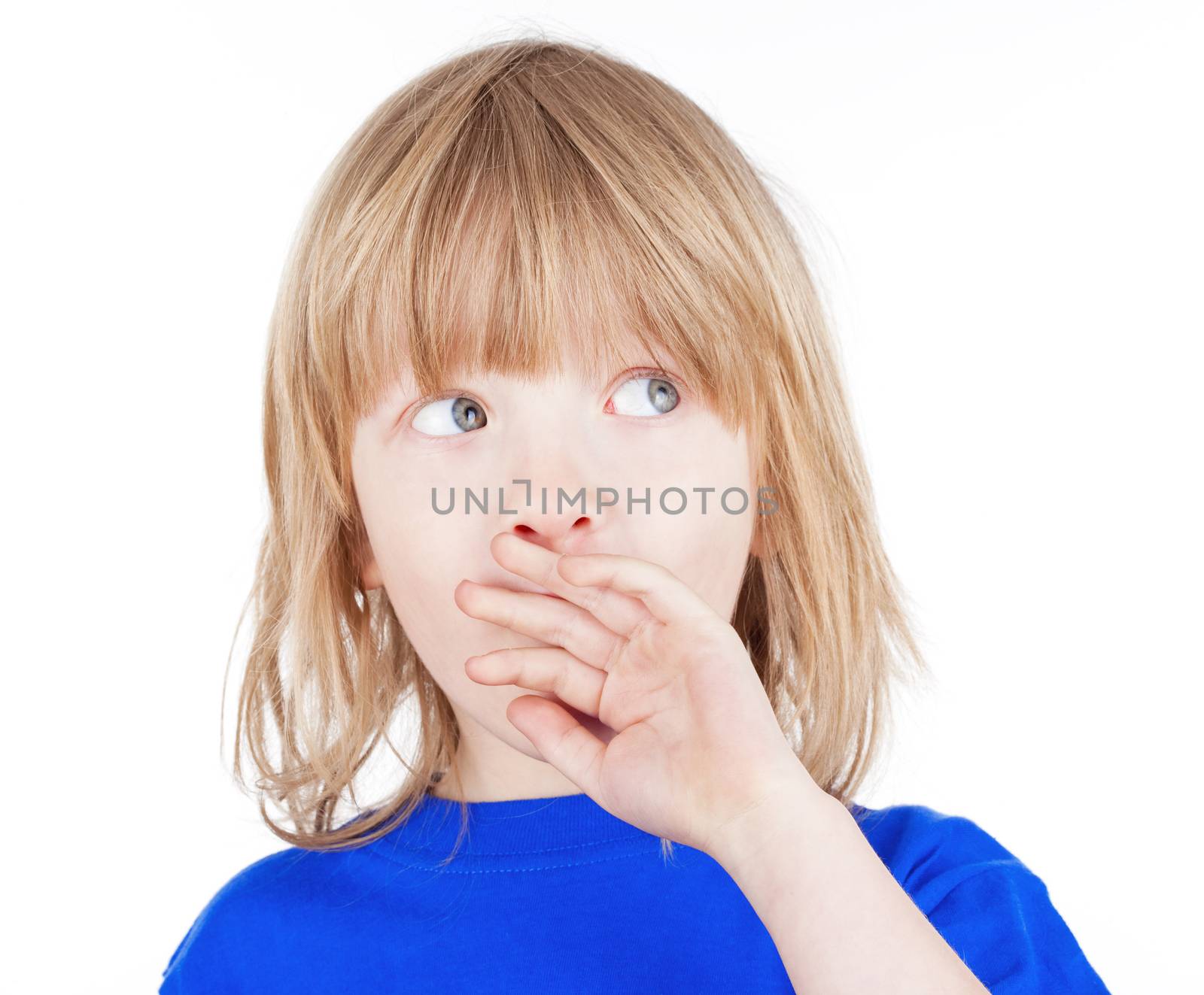 boy with long blond hair suprised, hands on his mouth - isolated on white