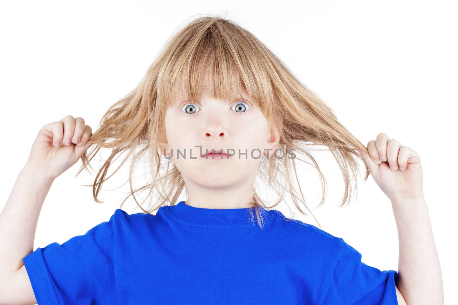 blond boy pulling his long hair looking - isolated on white