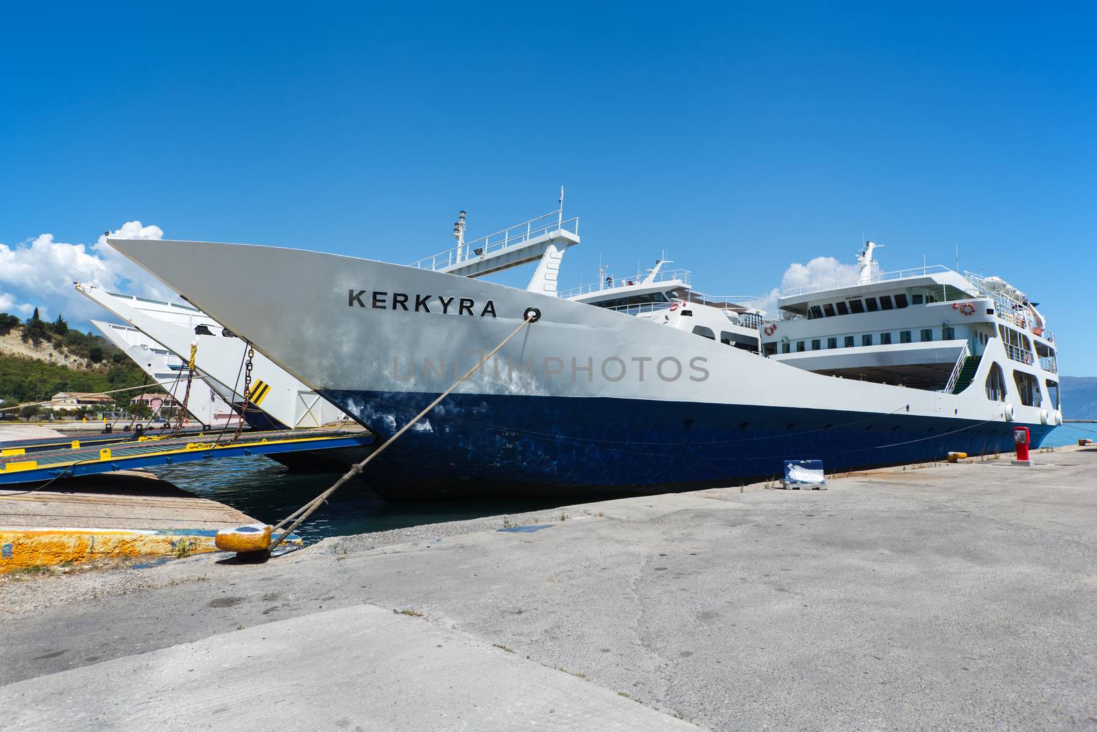 A large greek ferry on the coast of Corfu. The ferry transports thousands passengers and vehicle daily