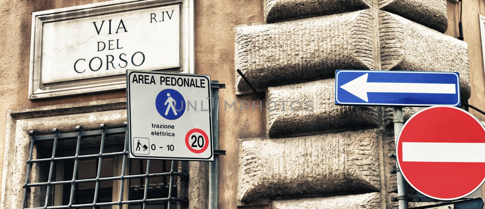 Street signs in Via del Corso, Rome.