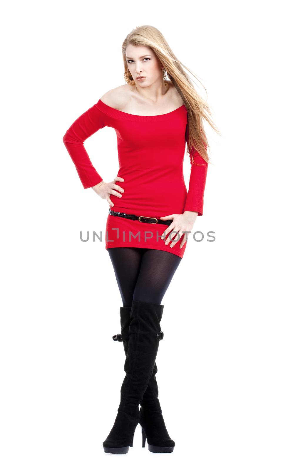 young woman with blond hair in red dress standing - isolated on white