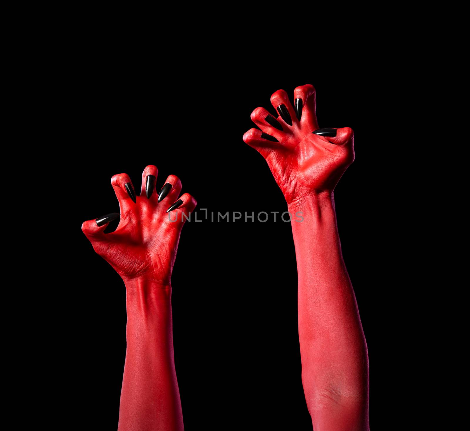 Red devil hands with black nails, real body-art  by Elisanth