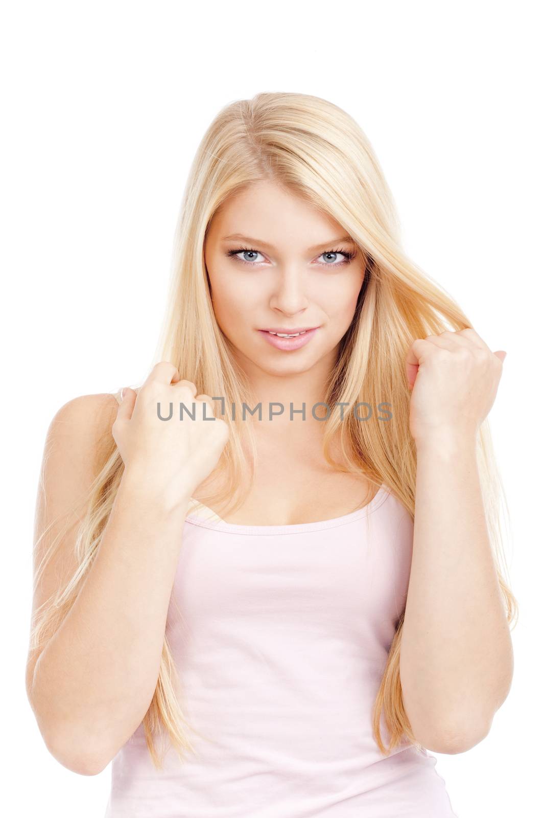 portrait of a young beautiful woman with blond hair - isolated on white