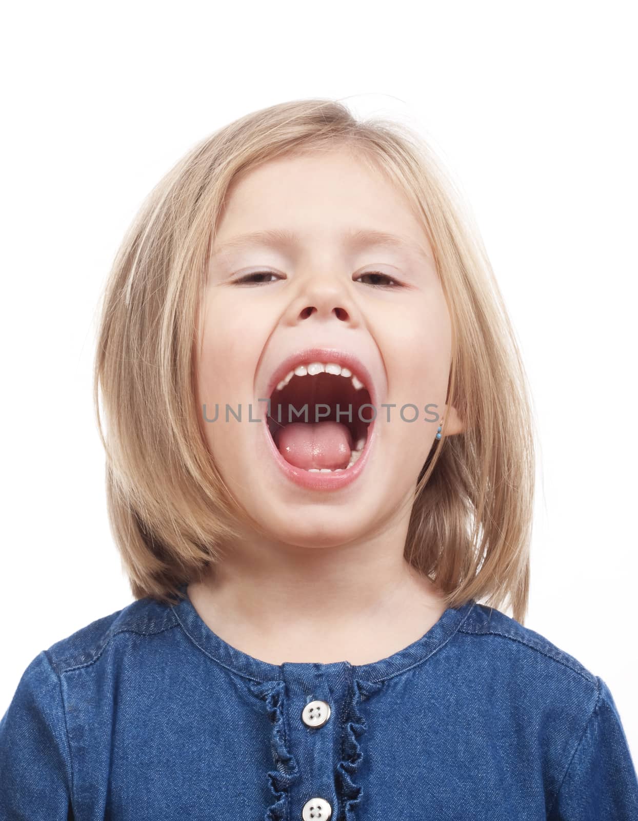 portrait of a little girl with blond hair calling - isolated on white