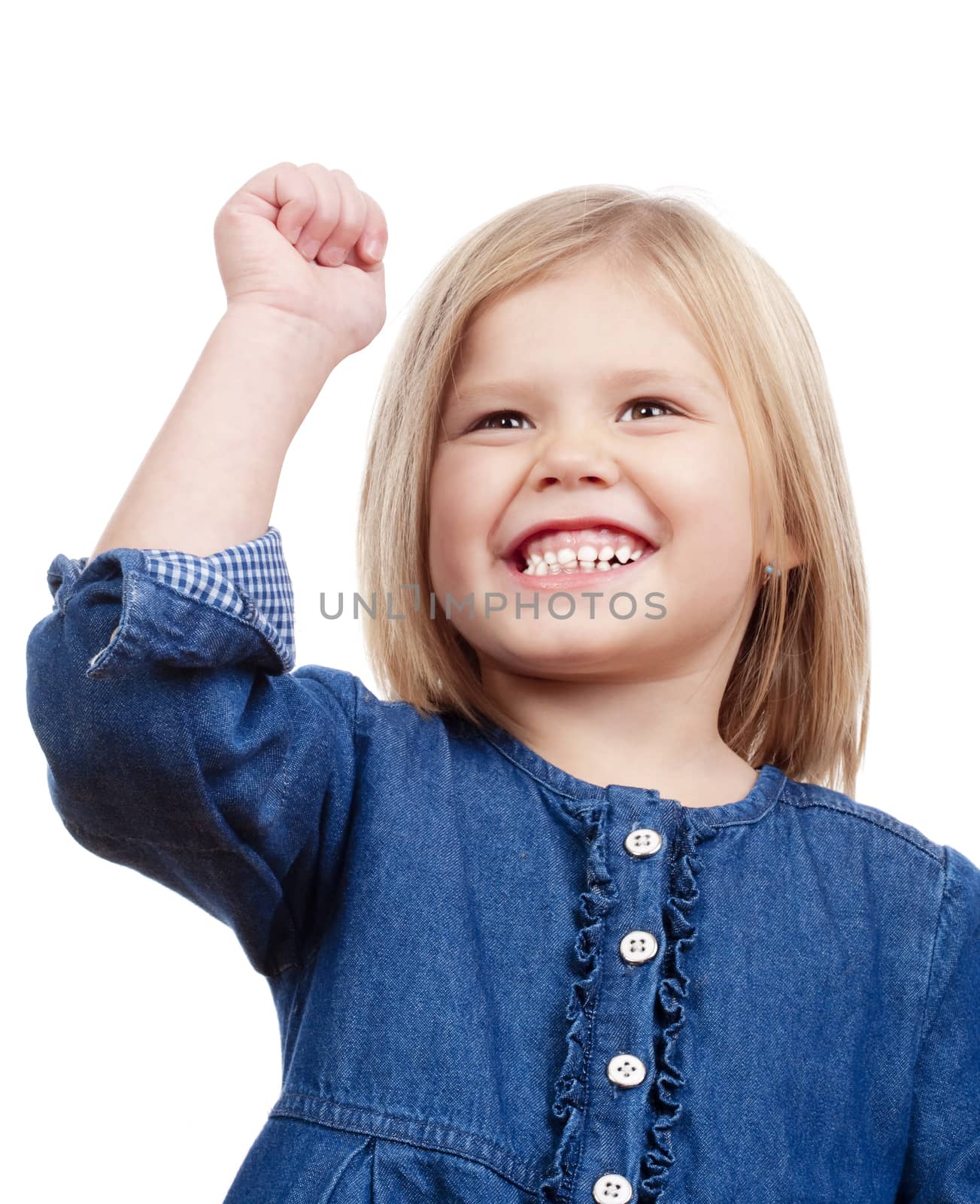 portrait of a happy little girl with blond hair smiling - isolated on white