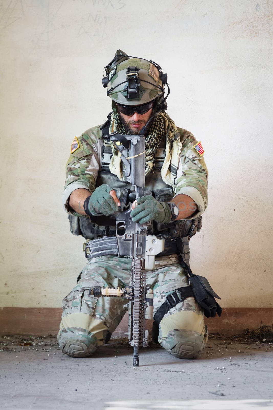 Portrait of american soldier resting from military operation
