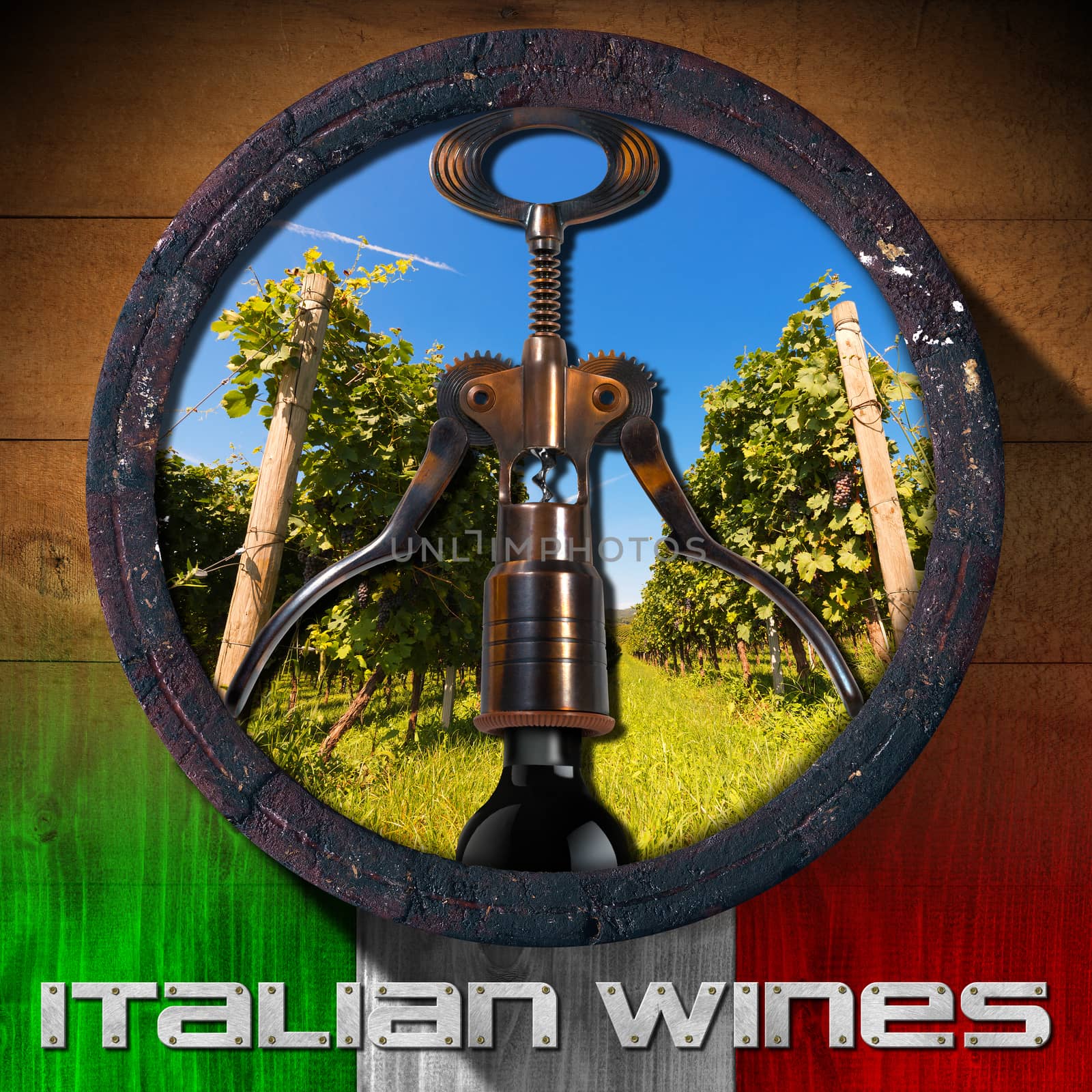 Old wooden barrel with green vineyard inside, corkscrew and black wine bottle, italian flag and text Italian Wines