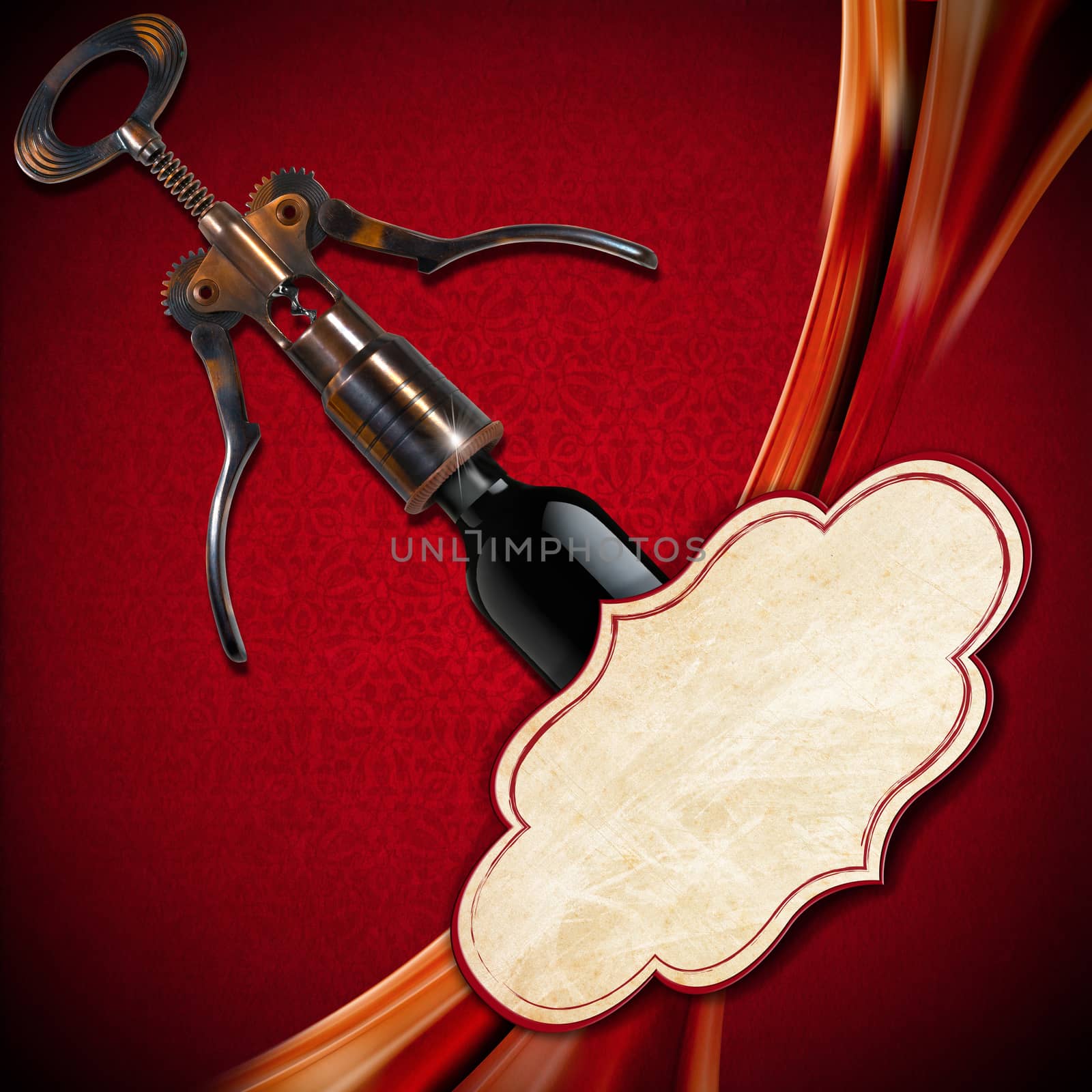 Red and orange velvet background with diagonal empty label, old corkscrew and black bottle. Template for wine list or menu