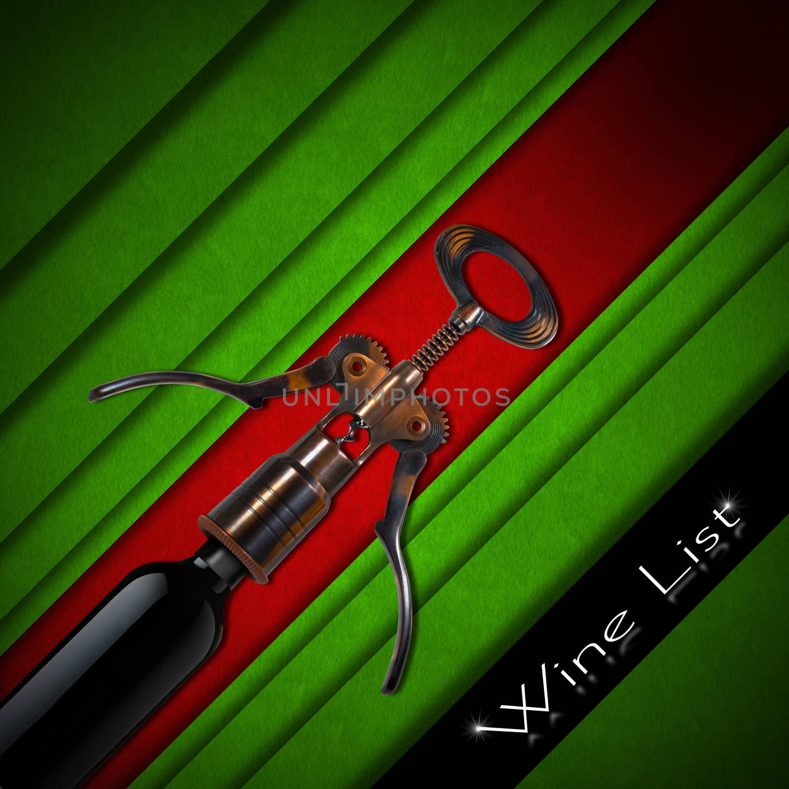 Red and green velvet background with old brown and black corkscrew, text  - Wine List. Template for wine list or menu 