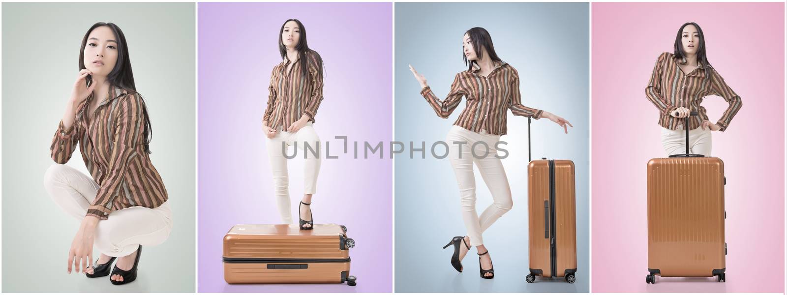 Travel concept with Asian beauty with a luggage in a set.